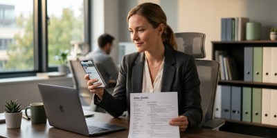 Hiring manager comparing a printed CV with a candidate's Instagram profile on a smartphone during a recruitment review)