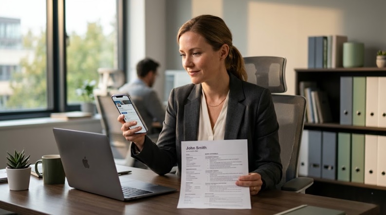 Hiring manager comparing a printed CV with a candidate's Instagram profile on a smartphone during a recruitment review)